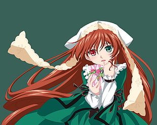 green and red eyed female anime character HD wallpaper