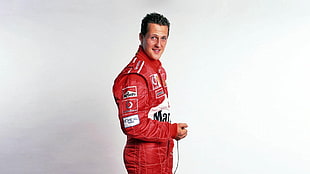 men's red and white leather jacket, Formula 1, Scuderia Ferrari, Michael Schumacher