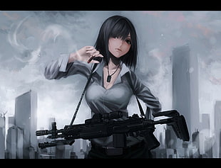 black haired female anime character with rifle digital wallpaper HD wallpaper