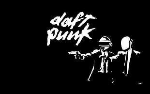 black and white illustration of man, Daft Punk, Pulp Fiction, typography, artwork