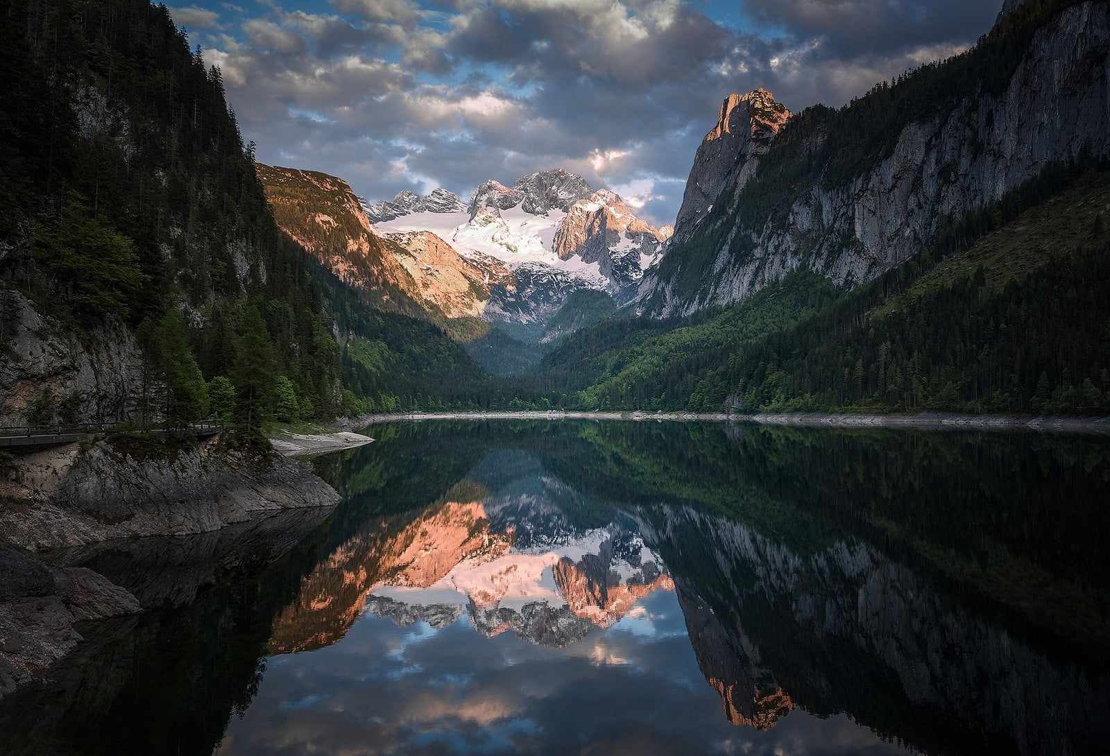 body of water between high mountains under blue and white sky at daytime, photography, nature, landscape, mountains