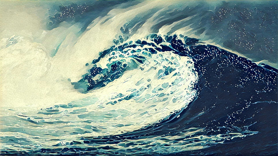 tidal wave painting, waves, sea, drawing, artwork HD wallpaper