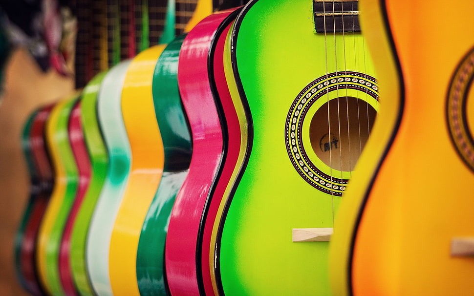 assorted-color acoustic guitar lot, guitar HD wallpaper
