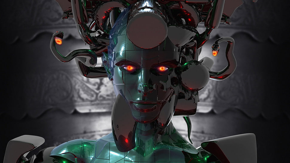 green and black robot illustration, robot, Medusa HD wallpaper