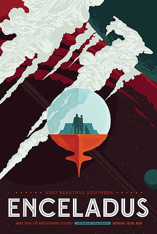 Enceladus cover, space, planet, material style, Travel posters