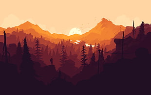 silhouette man on cliff painting, Firewatch, mountains, forest, video games