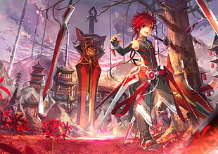 red-haired male anime character with sword digital wallpaper, anime, Elsword, video game characters, sword