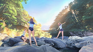 three female anime characters, river, school swimsuits, school uniform, rock