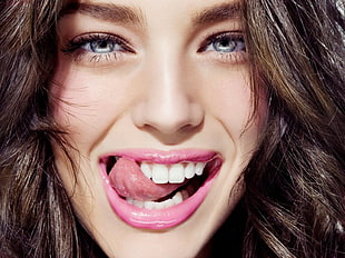women's pink lipstick, women, face, tongues, eyes
