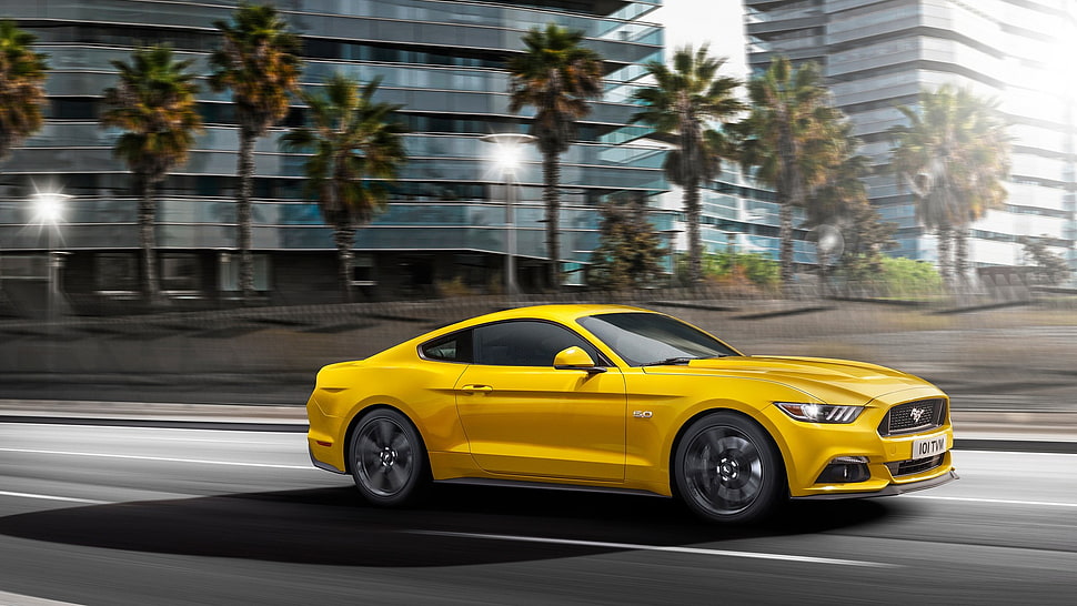 yellow Ford Mustang coupe, Ford Mustang, motion blur, car, road HD wallpaper
