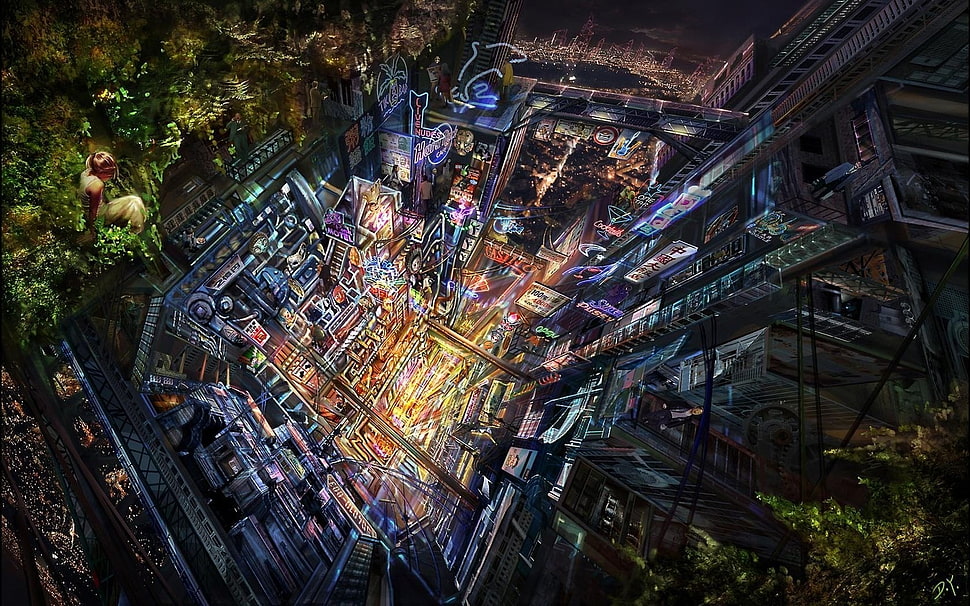 birds eye view of cityscape, artwork, digital art, neon, vertical HD wallpaper