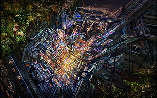 birds eye view of cityscape, artwork, digital art, neon, vertical