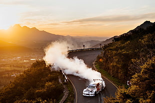 white racing car, sunset, mountains, hills, sports car HD wallpaper