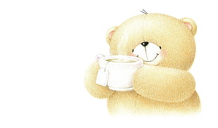 brown bear holding white tea cup illustration