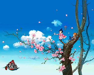 two anime character playing on cherry blossom tree HD wallpaper