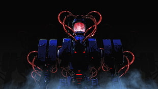 blue and red robotic character screenshot HD wallpaper