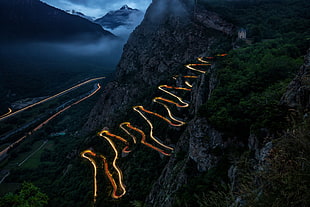 green mountain, landscape, lights, car, long exposure