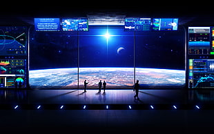 flat screen monitor, futuristic, digital art, space station, monitor HD wallpaper