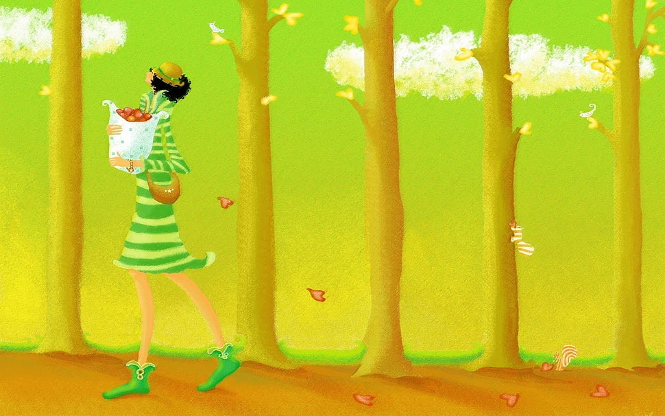 woman wearing green stripes dress holding basket cartoon wallpaper HD wallpaper