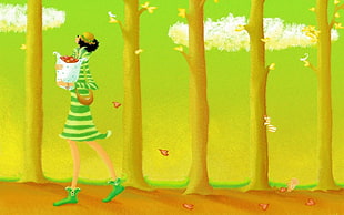woman wearing green stripes dress holding basket cartoon wallpaper