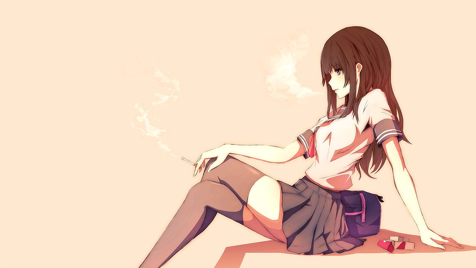 brown haired anime girl sitting illustration HD wallpaper