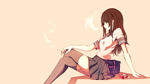 brown haired anime girl sitting illustration