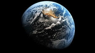 blue, white, and brown earth, Earth, black, space, planet