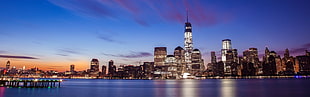 brown and white buildings, New York City, city, lights, sunset