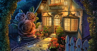 brown house with flowers digital wallpaper