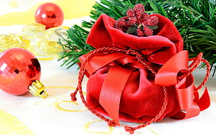 red drawstring pouch, Christmas, New Year, Christmas ornaments , leaves HD wallpaper