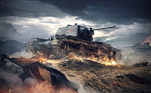 photography of battle tank under cloudy sky HD wallpaper