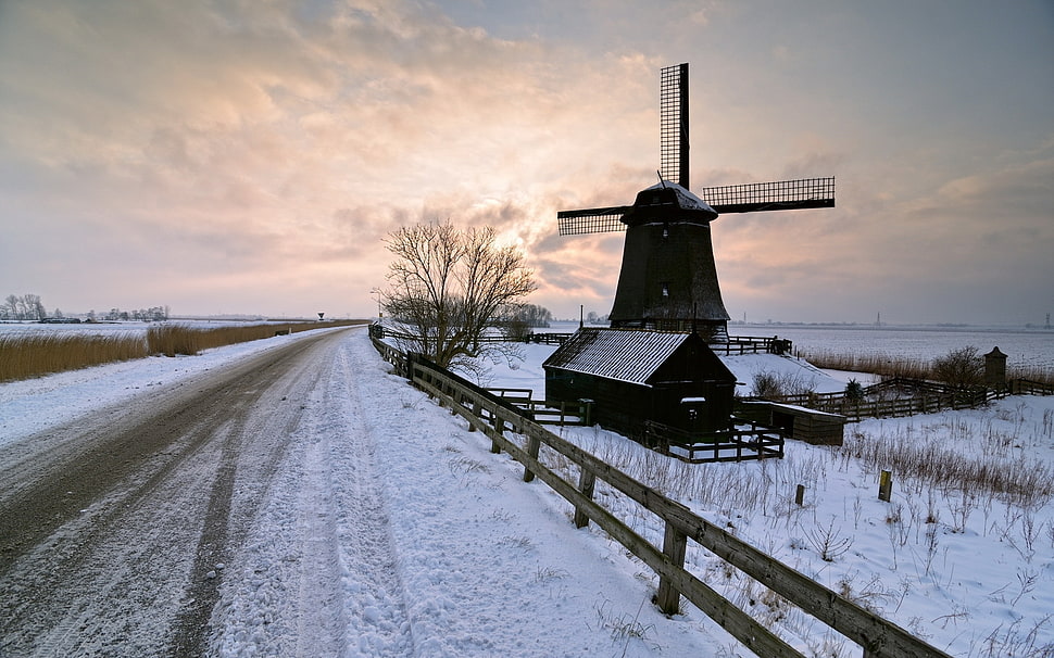 photo of windmill cover in snow HD wallpaper