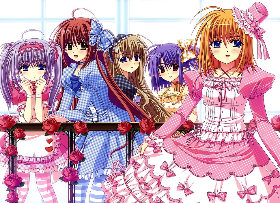 five female anime characters in dresses digital wallpaper HD wallpaper