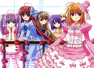 five female anime characters in dresses digital wallpaper