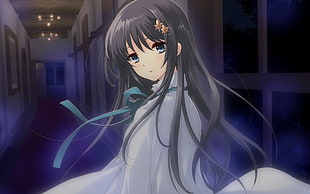 black haired female anime character wearing white dress with blue ribbon