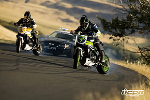 yellow and green motocross dirt bikes, motorcycle, Triumph, icon, drift HD wallpaper