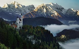 white castle in foggy mountain, nature, landscape, castle, mountains