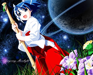 female anime character holding brown bamboo stick illustration