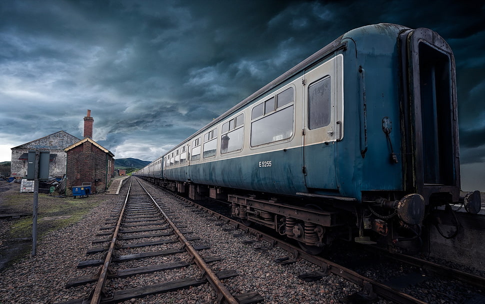 blue and white RV trailer, train, clouds, vehicle HD wallpaper