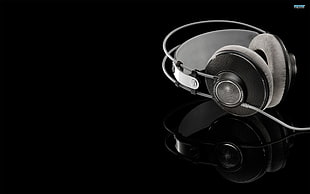 black and gray corded headphones, headphones, music, AKG