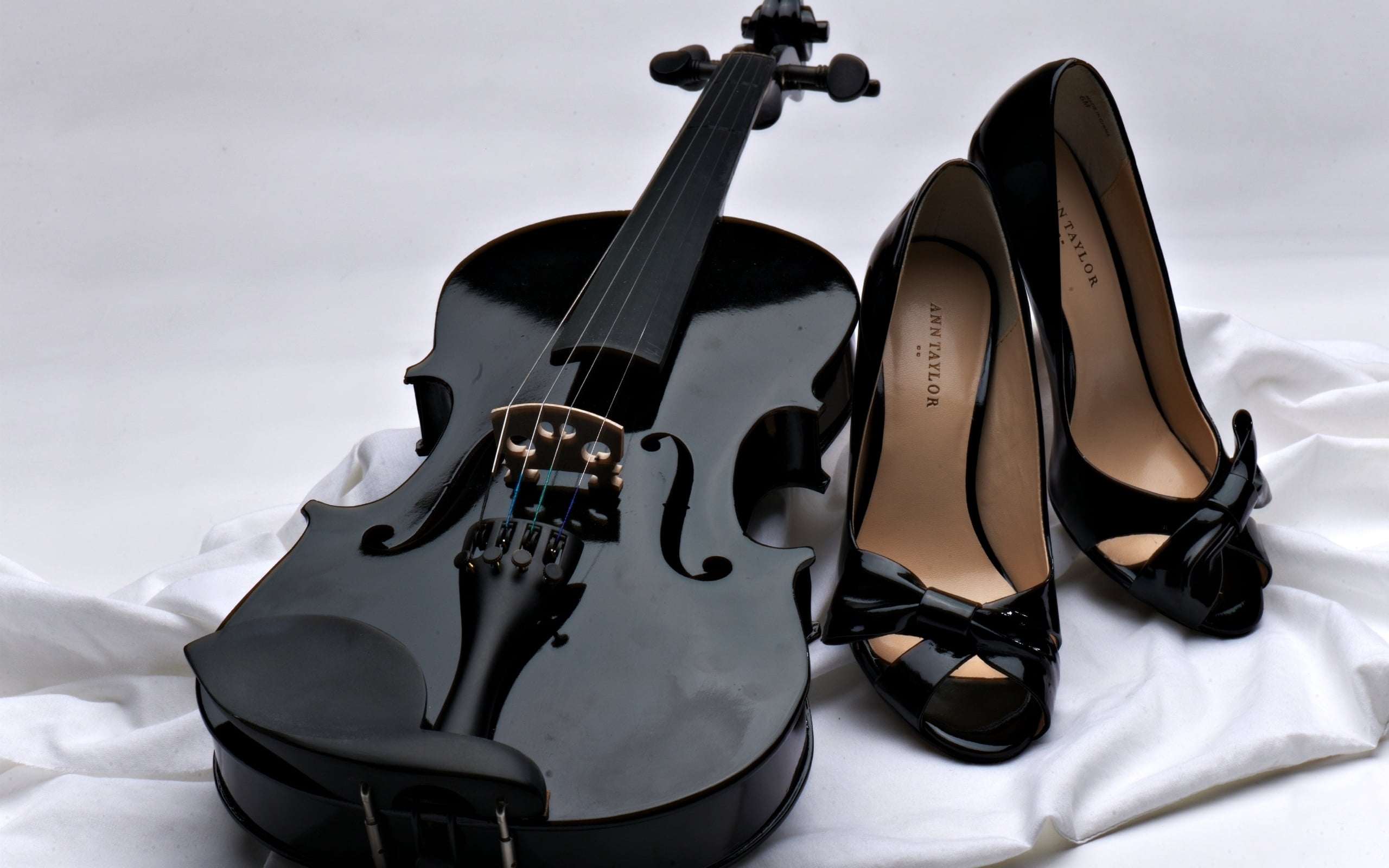 Photo of black violin with pair of black peeptoe heels on white textile HD  wallpaper  Wallpaper Flare