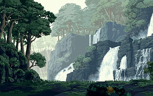 waterfalls surrounded by tress illustration