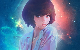 female animated character wallpaper, anime, short hair, galaxy, edited