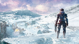 man holding rifle digital wallpaper, Lost Planet, video games, concept art, snow