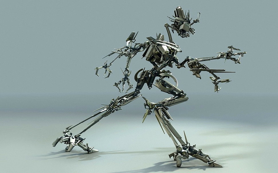 grey metal robot decoration HD wallpaper