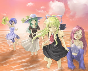 four female anime character at beach illustration