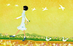 woman wearing a white dress walking on a road surrounded by white and yellow flowers illustration
