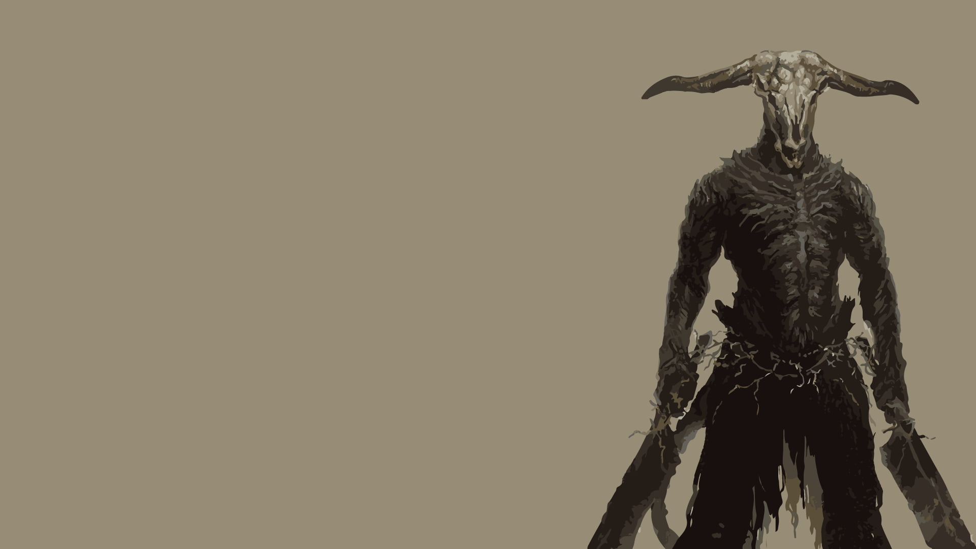 horned half animal half human holding swords digital wallpaper