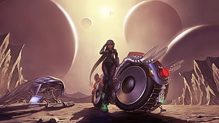 female hero character with motorcycle 3D wallpaper, artwork, spaceship, fantasy art, concept art