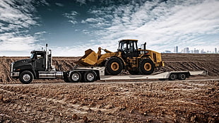 yellow heavy equipment, excavators, Truck, vehicle HD wallpaper